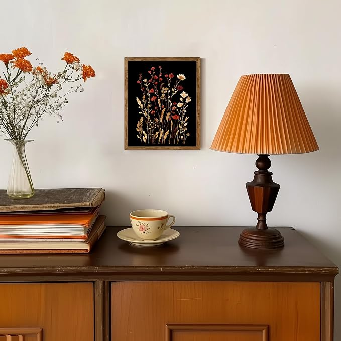 JLTULT Black Floral Wall Art, Vintage Wildflower Framed Canvas, 8 x 10 in | Black-background wildflower art on fade-resistant canvas with a ready-to-hang solid wood frame for bedrooms and bathrooms