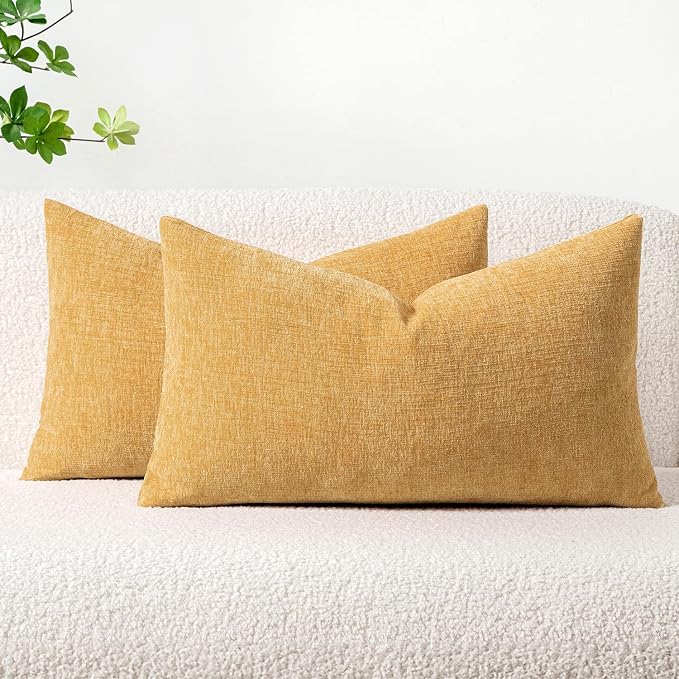 MIULEE Soft Chenille Lumbar Throw Pillow Covers Beige Yellow 12x20 Inch | Pack of 2, Modern Decor, Classic Decorative Pillows, Solid Dyed Cases, Boho Couch Cushion Covers for Sofa Bed Living Room