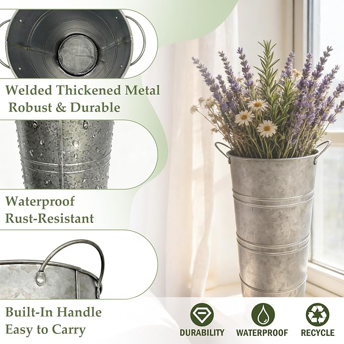 15 Inch Galvanized Metal Flower Buckets, Set of 2 - Rustic Tin Vases with Handles for Farmhouse & Wedding Decor, Tall Planters for Cut Flowers, Table Centerpiece & Home Organization