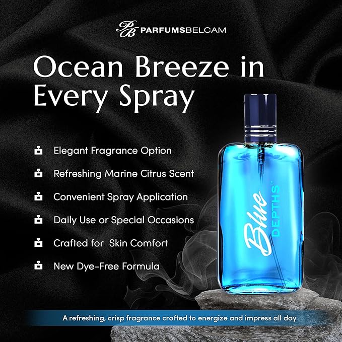 PB ParfumsBelcam Blue Depths Eau de Toilette Fragrance Spray - 3.4 Fl Oz. Fresh Aquatic Cologne for Men with Crisp Citrus, Warm Musk & Amber Scent, Crafted with Premium Oils for Day & Night Use