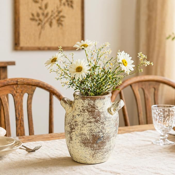 DREAMLOOM 7.2 Inch Ceramic Flower Vase, Terracotta | Double Handles, Farmhouse Vintage, Pottery, Home Decor, Living Room Dining Table Wedding Centerpieces
