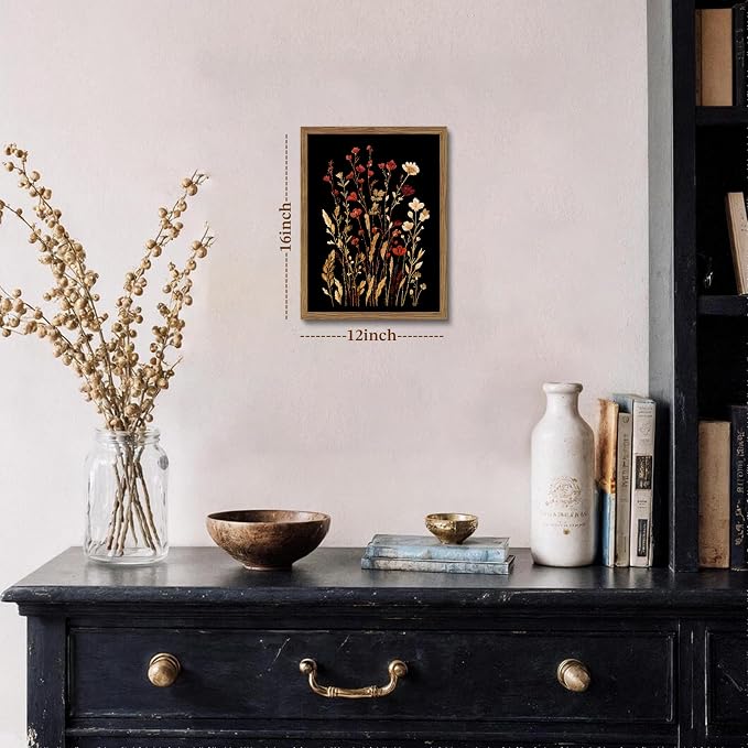Framed Vintage Floral Wall Art, Dark Wildflower Botanical Canvas Wall Decor Paintings, Rustic Moody Flower Artwork Poster Print Picture for Bathroom Bedroom Living Room 12x16 Inch