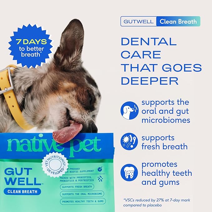 GutWell Clean Breath - Dog Breath Freshener & Dog Dental Powder - Teeth Cleaning to Reduce Plaque & Tartar - Promotes Fresh Breath with Targeted Triple-biotic Dental Care Blend - 120 Scoops