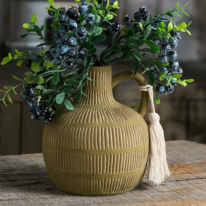 Mowtanco Farmhouse Vase with Handle and Tassel, Grey Yellow Vertical Stripes Design Clay Vase 10'' Tall - Ceramic Flower Vase for Rustic Home Decor, for Fireplace Kitchen Living Room Centerpieces