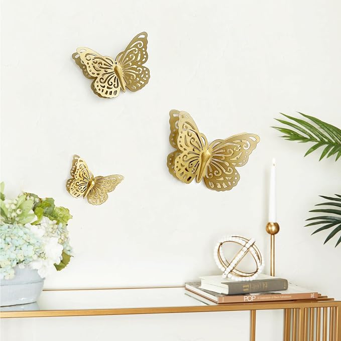 Remenna Gold Finish Metal Butterflies Wall Art Set of 3 Metal Wall Decor Butterfly Hanging Decor for Bedroom Bathroom Living Room Garden Kitchen