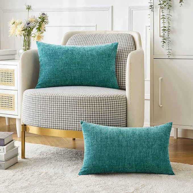 MIULEE Soft Chenille Lumbar Throw Pillow Covers Teal 12x20 Inch Pack of 2 | Modern Home Decor, Classic Decorative Pillows, Solid Dyed Cases, Boho Couch Cushion Covers for Sofa Bed Living Room