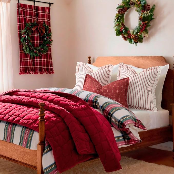 Red Throw Pillow Covers 20x20 Set of 2 Striped Pillow Covers with Fringe Chic Cotton Decorative Pillows Square Cushion Covers for Sofa Couch Bed Living Room Farmhouse Decor