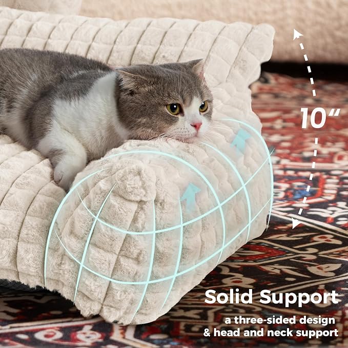 Cat Couch Bed with Fluffy Faux Rabbit Fur for Indoor Cats, 24 Inch | Cute Fuzzy Pet Sofa With Washable Cover For Puppy Kitten, Suppportive Small Pets Couch in 3D Diamond Pattern, Off White