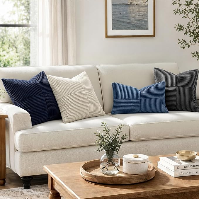 MIULEE Cream White Decorative Throw Pillow Covers for Couch 20x20 Inch | 2 Pack, Beige Neutral Boho Farmhouse Pillow Covers, Soft Cross Corduroy Patchwork Textured Cushion Cases For Bed Sofa