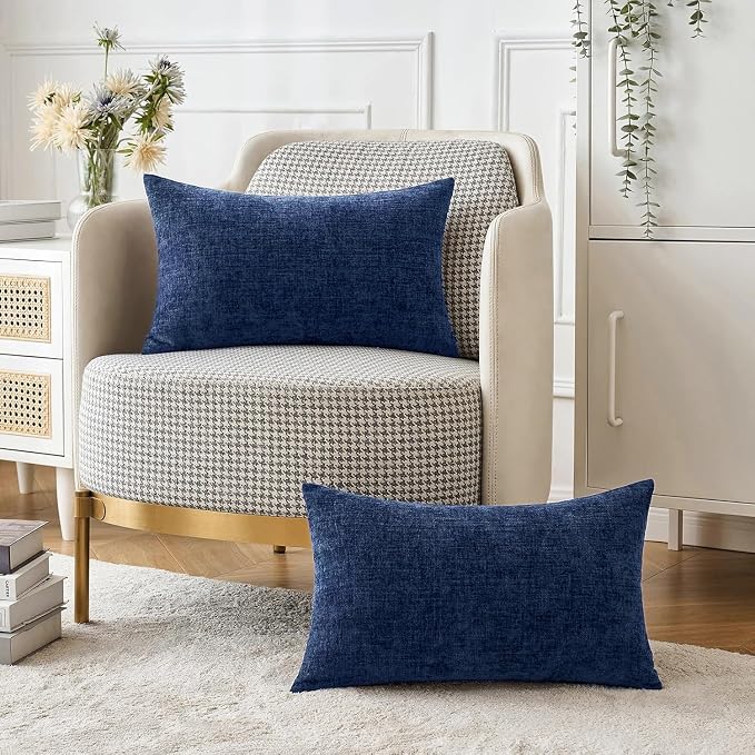 MIULEE Soft Chenille Lumbar Throw Pillow Covers Navy Blue 12x20 Pack of 2 | Modern Coastal Home Decor, Classic Decorative Pillows, Solid Dyed Cases, Boho Couch Cushion Covers for Sofa Bed Living Room