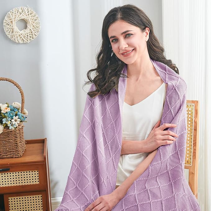 inhand Light Purple Knitted Throw Blanket for Couch and Bed, 50"x60" | Soft Living Room Home Decor Knitted Blanket, Tassel, Outdoor Lightweight Breathable , Farmhouse Warm Woven Decorative