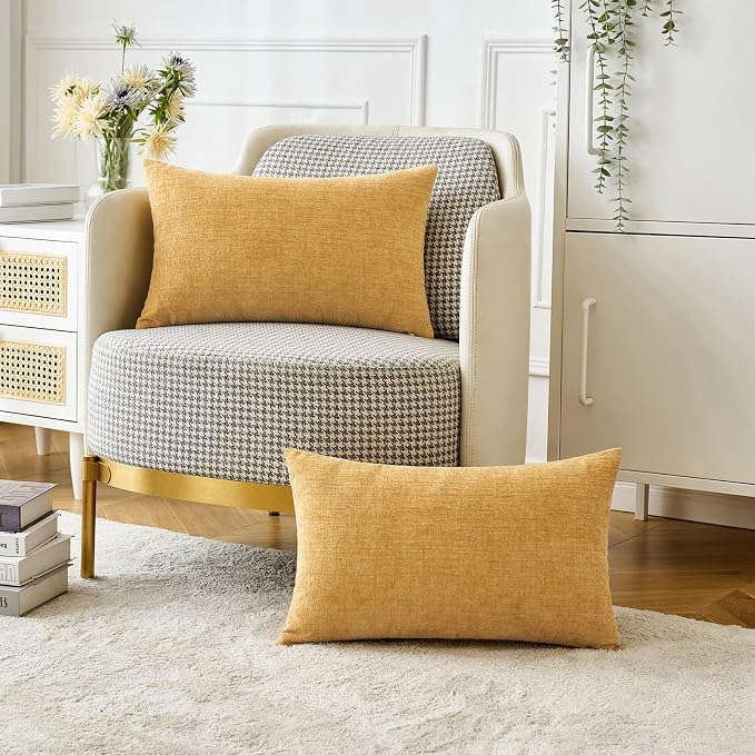 MIULEE Soft Chenille Lumbar Throw Pillow Covers Gold 12x20 Inch Pack of 2 | Modern Home Decor, Classic Decorative Pillows, Solid Dyed Cases, Boho Couch Cushion Covers for Sofa Bed Living Room