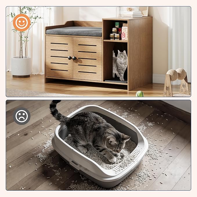 Cat Litter Box Enclosure Furniture, Large Hidden Litter Box Cabinet with Double Door, End Table Cat House with Storage Shelf, Modern Pet Furniture for Living Room, Oak