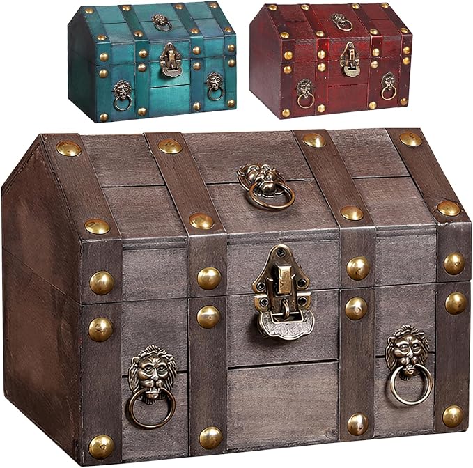 Large Vintage Wooden Treasure Chest Antique Box with Metal Lock | Wood Jewelry Box Storage Decorative Boxes Handmade Rectangle Organizer for Women Ring Necklace Earring Coins Collectibles