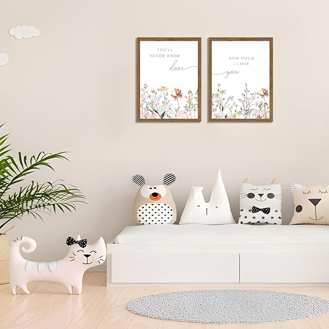 Wood Framed Wildflower Nursery Wall Art Set of 2, Boho Flower Botanical Wall Decor Paintings, Baby Girl Nurseries Pictures Posters Prints for Nursery Baby Room Bedroom Home Decoration 12x16 Inch