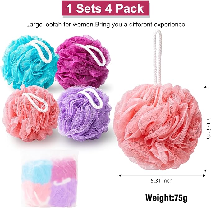 MTDLYICE Loofah for Women 75g 4 Pack, Bath Sponge Soft Mesh Shower Puff Loofah Sponge, Exfoliating Body Scrubber, lufas for Women, Shower Accessories (Purple Red Pink Blue)