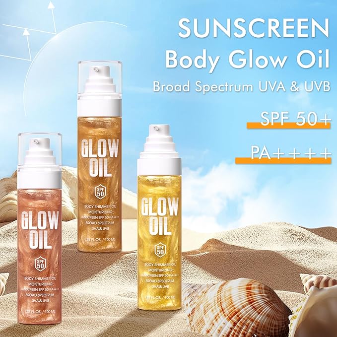 Body Glow Oil, Broad Spectrum SPF 50, Glitter Shimmer Sunscreen Body Oil Lotion with Sequin Mica, Lightweight Non-Sticky Moisturizer with Coconut, Skin Illuminator Glowing Results (02# Rose Gold)