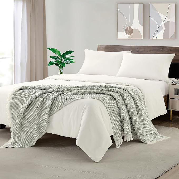 CREVENT Farmhouse Boho Knitted Throw Blanket for Couch Sofa Chair Bed Home Decoration, Soft Warm Cozy Light Weight for Spring Summer Fall (50''X60'' Waffle Green)