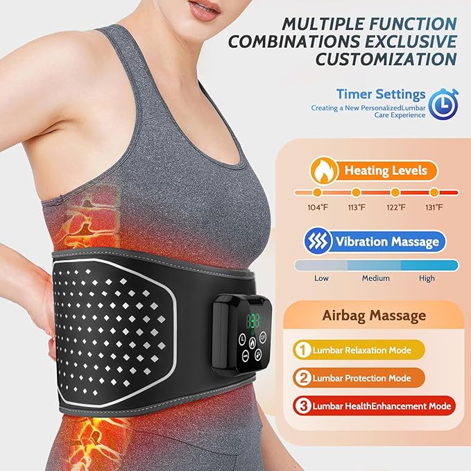 Electric Heating Pad with Massage,Cordless Heated Lower Back Massager,3 Vibration Modes and 4 Heat Levels,3 Airbag Modes,Portable Lumbar Belt Massager for Pain Relief Deep Tissue,Gift for Men&Women