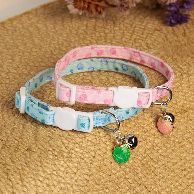 Cat Collars for Girl Cats & Boys, 2 Pack Soft Cotton Breakaway Collar with Removable Bell and Cute Charms, Adjustable Safety Pet Necklace, Seashell