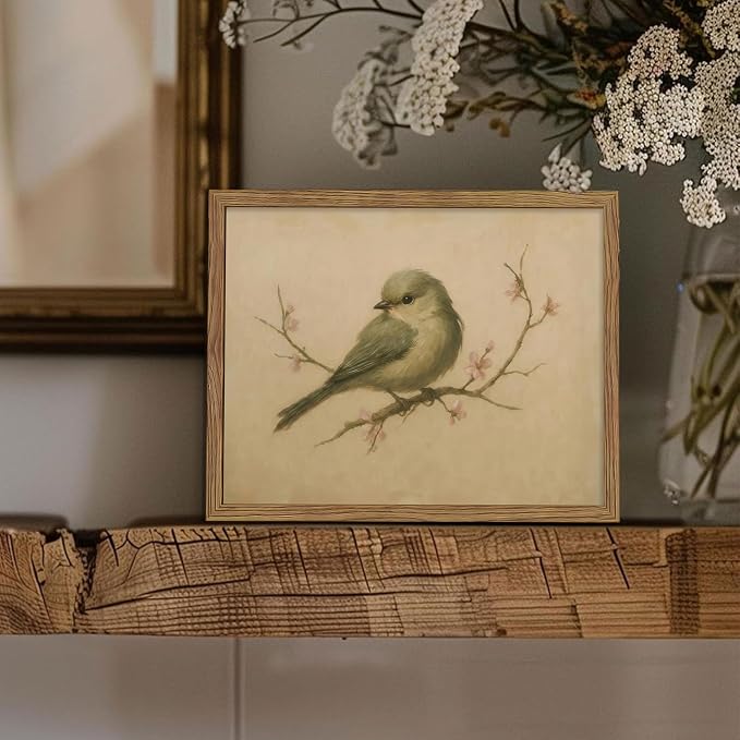 Vintage Bird Wall Art, Cherry Blossom Spring Pictures Canvas Wall Decor, Rustic Farmhouse Bird Animal Artwork Print Poster for Living Room Bedroom Bathroom 12x16 Inch Framed