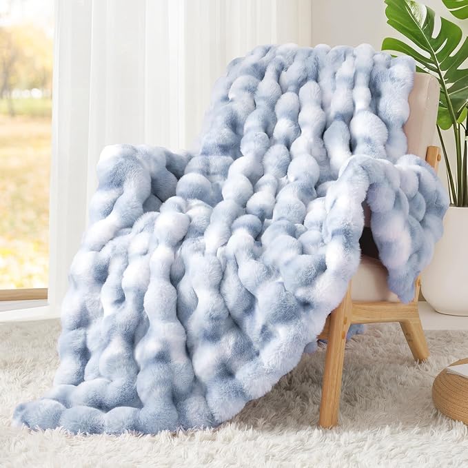 Luxury 1000GSM Faux Rabbit Fur Throw Blanket, Super Heavy Warm Cozy Grey Blankets for Couch Bed Sofa, Ruched Plush Fuzzy Elegant Soft Reversible Mink Blanket for Living Room Bedroom, Blue