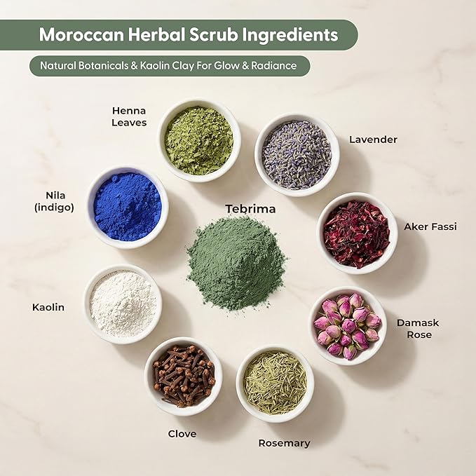 Moroccan Tebrima Herbal Exfoliating Body Scrub Powder | Natural Body Exfoliator for Women & Men, Gentle Bikini Exfoliating Scrub with Nila, Henna, Rose & White Clay for Smooth, Glowing Skin