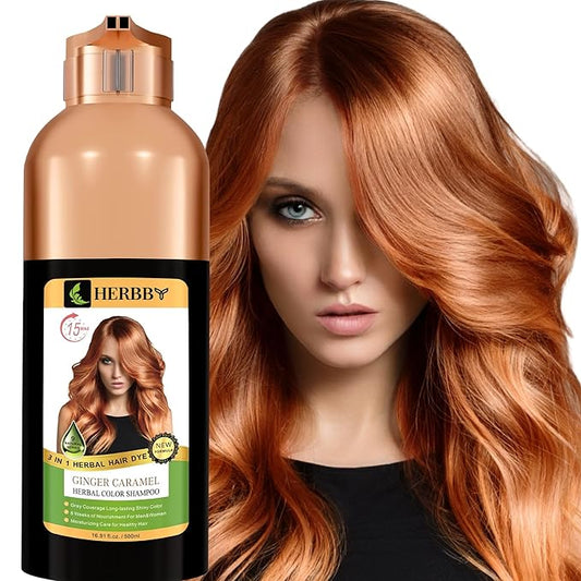 HERBBY Hair Color Shampoo for Gray Hair Coverage&Color Transform with 9 Herbal Extracts –Long Lasting(6-8 Weeks),Shiny,Evenly Colored,Instant Hair Dye Shampoo&Conditioner,500 Ml (GINGER CARAMEL COLOR)