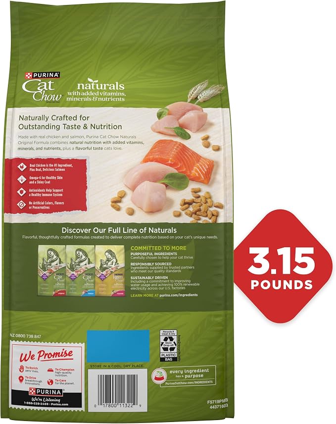 Purina Cat Chow Naturals with Added Vitamins, Minerals and Nutrients Dry Cat Food, Naturals Original - (Pack of 4) 3.15 lb. Bags | Indoor cat food with real chicken and salmon plus whole grains, natural nutrition with added vitamins, minerals and nutri...