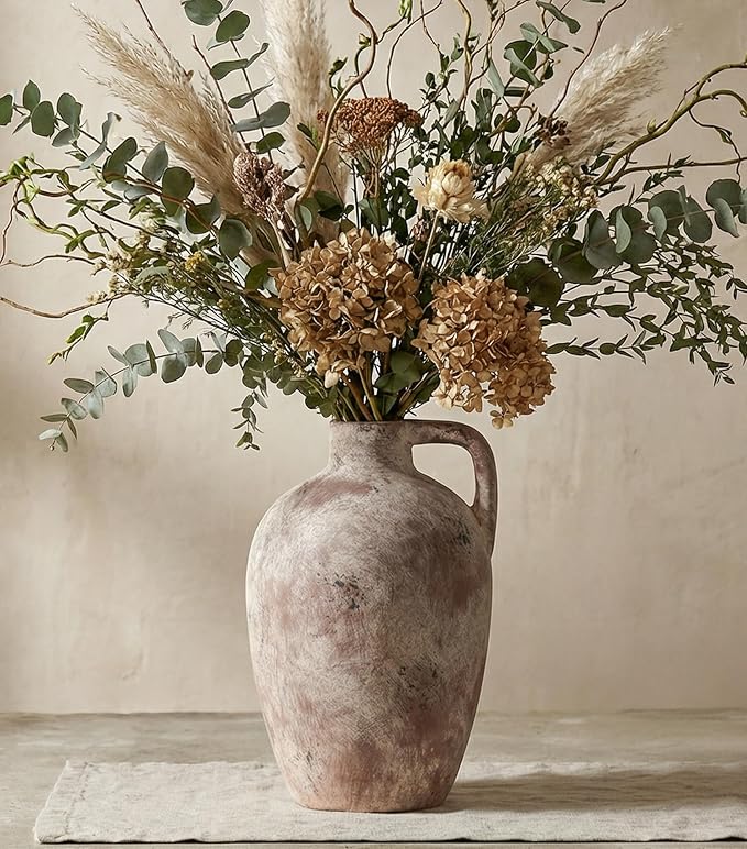 Ceramic Flower Vase with Handles,10" Neutral Tall Clay Terracotta Vases Farmhouse Table Vases with Handle Living Room Decor Rustic Pottery Pots for Home Shelf Coffee Dining Desk Fireplace