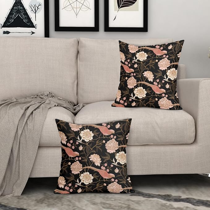 Pink White Roses Floral Pillow Covers 20X20 Inch Set of 2 Retro Flowers Birds Gold Leaf Decorative Pillow Cases Art Vintage Black Cotton Linen Cushion Case Home Decor For Sofa Couch Porch Outdoor