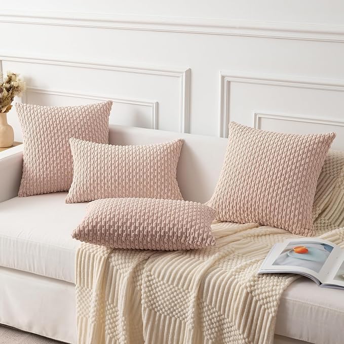 Kevin Textile Soft Corduroy 12"x20" Lumbar Pillow Cover 1 Pack, Light Pink | Boho Stripe Plush Corduroy Decorative Oblong Cushion Cover Modern Farmhouse Home Decor for Sofa Couch Bed Chair
