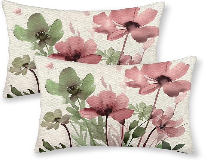 Spring Floral Pillow Covers 12x20 Inches Set of 2 Sage Green Pink Floral Throw Pillow Covers Outdoor Summer Flower Decoration Pillowcase Farmhouse Decorative Lumbar Cushion Cover For Home Sofa