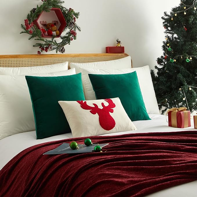 JUSPURBET 16x16 Decorative Velvet Throw Pillow Covers Set of 2,Dark Green | Modern Soft Cushion Covers Cases with Hidden Zipper for Couch Sofa Bed Living Room Bedroom Christmas Decor