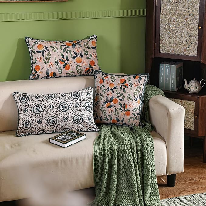 patdrea Vintage Linen Throw Pillow Cover,18"x18",Set of 2-Palladin B | Elegant Decorative Pillow Case,Orange Citrus Fruit Print,Pillow Cover for Couch Living Room Bedroom Sofa