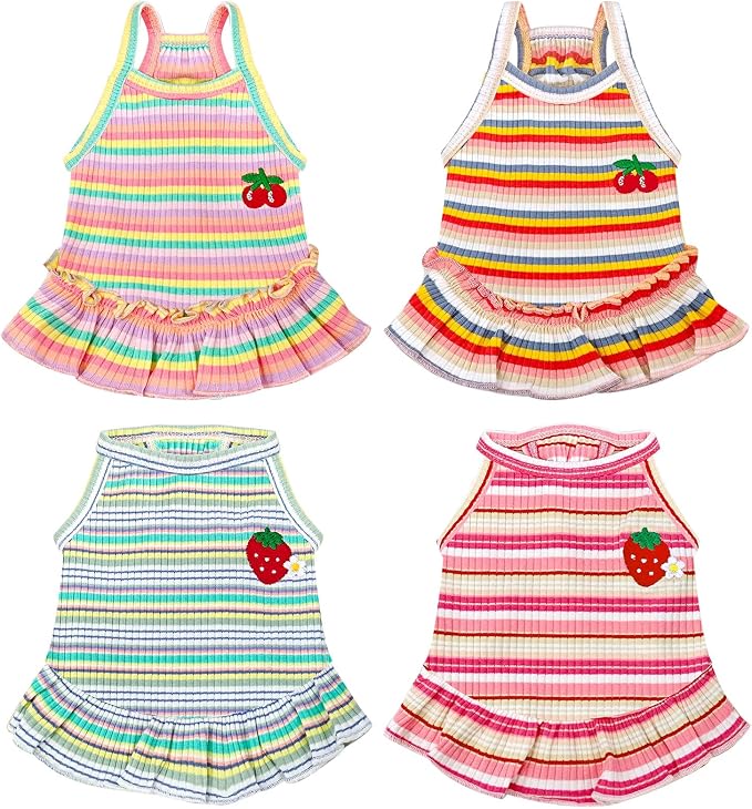 Cute Small Dog Dress Girl Female Dog Clothes Spring Summer Pet Puppy Cats Striped Dress Outfits for Shih Tzu Yorkies Chihuahua Maltese(4 Pcs,XX-Large)