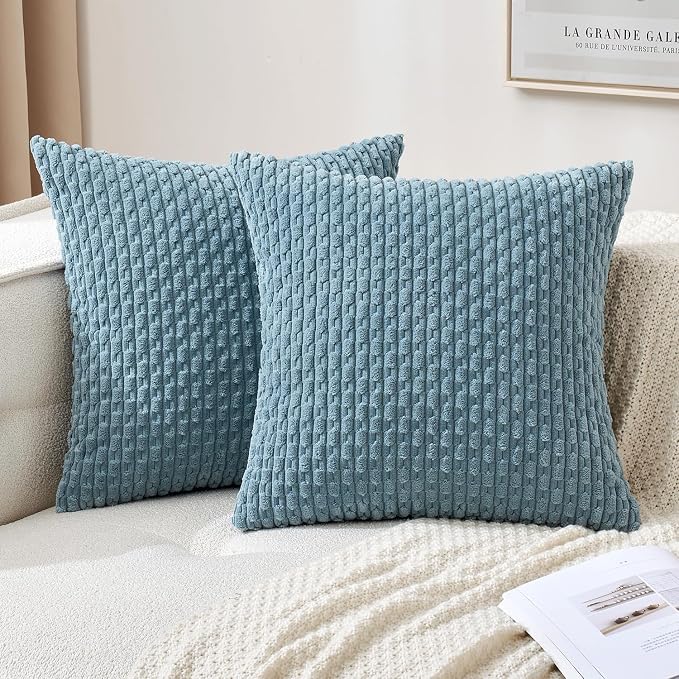 MIULEE Decorative Throw Pillow Covers 20x20 Blue Grey Textured Corduroy | Pack of 2 Striped Pillow Covers Modern Farmhouse Coastal Home Decor for Couch Bed Sofa Living Room