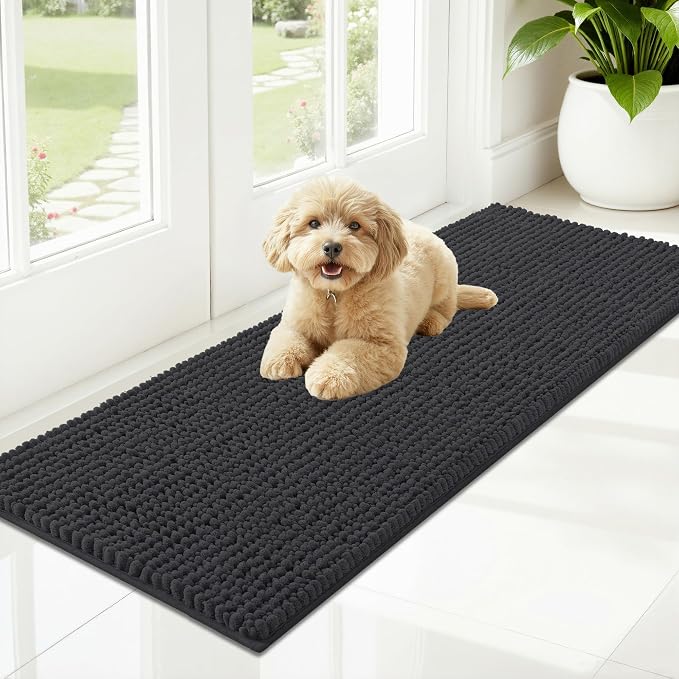 OLANLY Dog Door Mat for Muddy Paws 47x17, Extra Absorbent Chenille Mud Mat | Dark Grey, Absorbs Moisture and Dirt, Non-Slip Machine Washable Doormat, Quick-Drying Indoor Entryway Floor Mat for Dogs