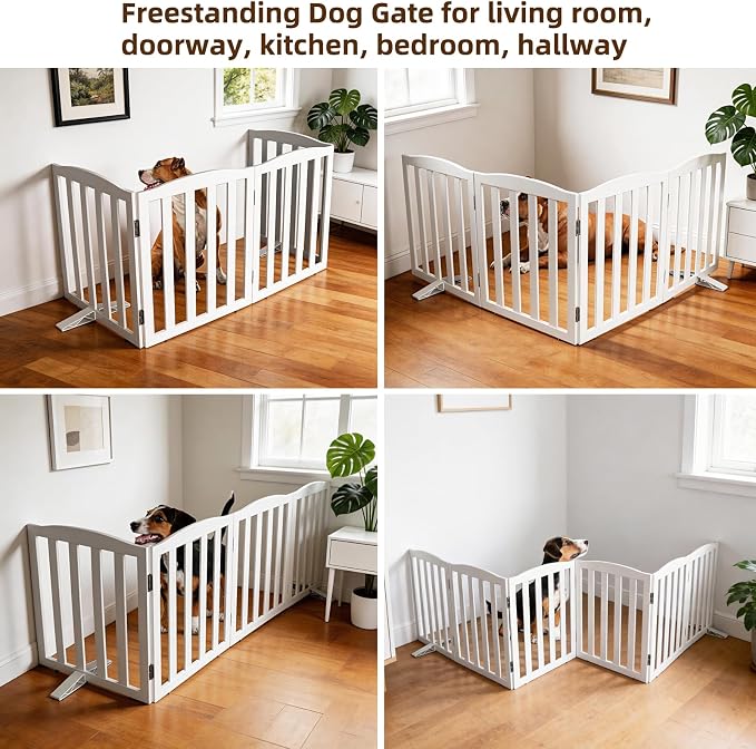 ZJSF Foldable Freestanding Indoor Dog Gate for House Wood White Long Pet Gates Dog Fence for Stairs Puppy Gates for Hallways,Pet Fence, Puppy Gate,Support Feet Included 24 "Height-4 Panels