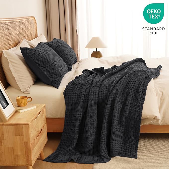 PHF 100% Cotton Waffle Weave Throw Blanket, Lightweight Breathable Summer Blanket for Couch Sofa, Pre-Washed Soft Throws for Bed, Office, Travel & Stylish Home Decor, 50"x60", Black
