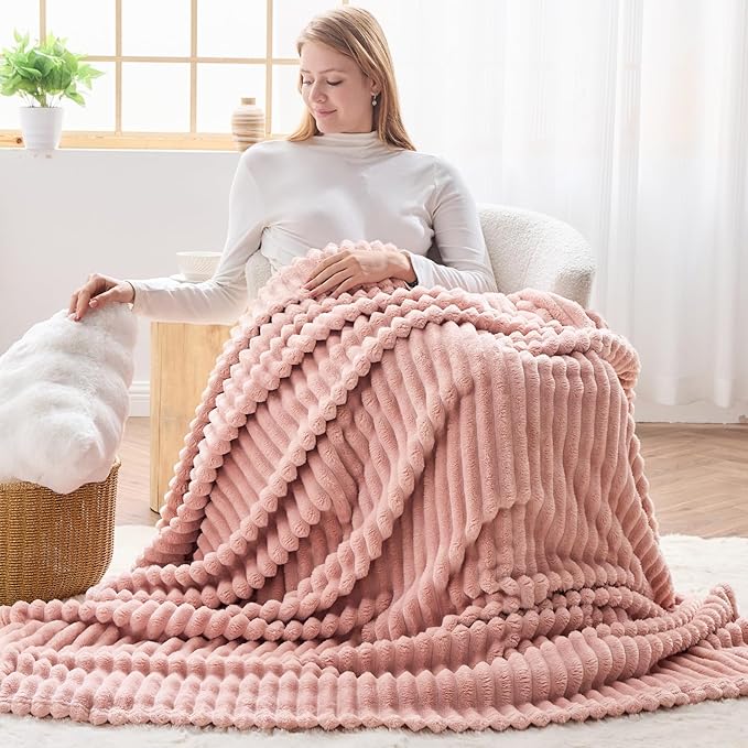 NEWCOSPLAY Fleece Ribbed Cozy Throw Blanket for Couch, Pink, 50"x60" | Premium Silky Flannel Blanket, Soft Lightweight Fluffy Throw Blanket for Bed Sofa Decor, Gift for All Season Use