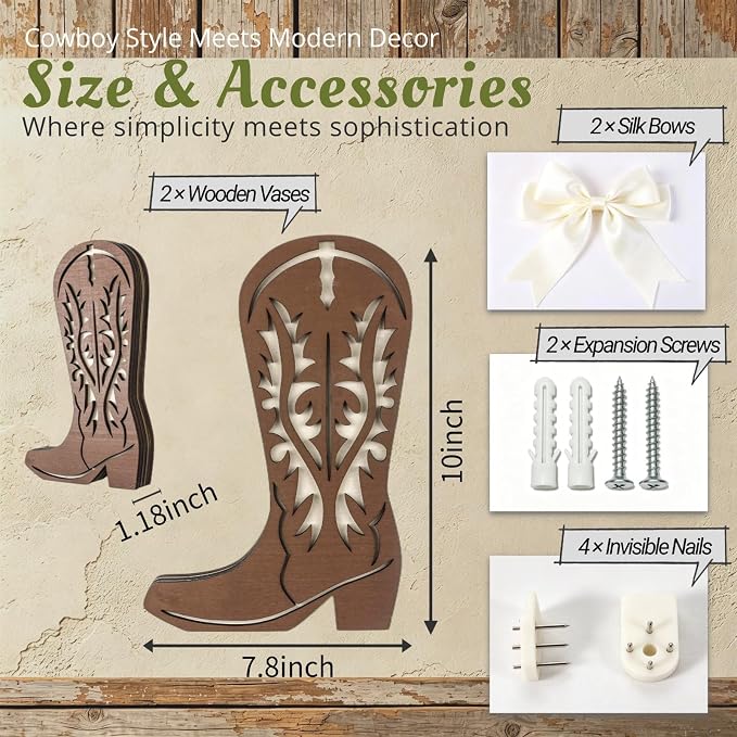 2 Pcs Wood Cowboy Boot Wall Vase - Western Rustic Home Décor | Sturdy wood planter for faux flowers. Suited for bedroom, kitchen, living room. Easy hang. Works farmhouse, country, cabin