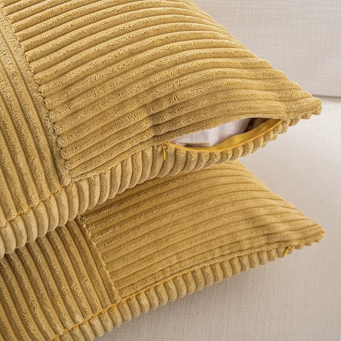 Fancy Homi Set of 1 Mustard Yellow Long Lumbar Decorative Throw Pillow Covers 16x24 Inch for Couch Bed, Rustic Farmhouse Boho Home Decor, Soft Striped Corduroy Rectangle Accent Cushion Case 40x60 cm