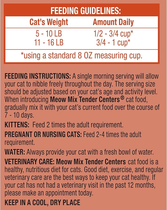 Meow Mix Tender Centers, Dry Cat Food, Beef & Salmon Flavors, 4 Bags | 3-lb bags, two texture kibble, meaty center surrounded by a crunchy outer layer, basted bites for irresistible flavor