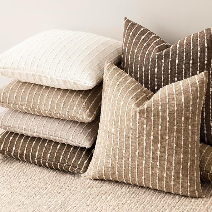Foindtower Pack of 2 Decorative Jacquard Boucle Throw Pillow Covers Accent Textured Striped Pillowcases Cozy Modern Cushion for Couch Sofa Bedroom Living Room Home Decor 18x18 Inch Camel