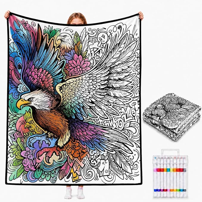 VEELU DIY Coloring Blankets with 24 Colors Markers for Adults | Custom Color In Your Own Blankets With 24 Colors Markers, Snuggle Color Sketch Washable Blankets Kit Home Decor