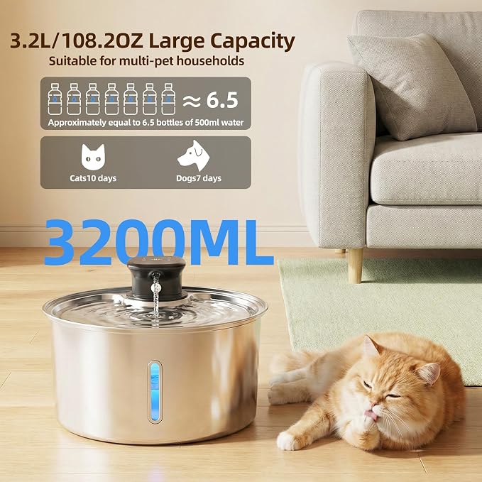 Wireless Cat Water Fountain,3.2L Stainless Steel Battery Operated | 1 Pack Filters | Cordless & Rechargeable | Motion Sensor | BPA-Free | DishwasherSafe | 20dB Ultra-Quiet | 108oz capacity
