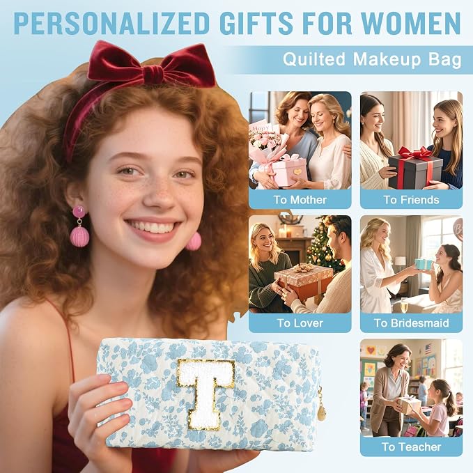 Personalized Quilted Cosmetic Bag, Puffy Monogrammed Christmas Birthday Gifts for Women & Girls, Cute initial Floral Makeup Bag Puffer Coquette Bag, Aesthetic Travel Toiletry Zipper Pouch(Blue,T)