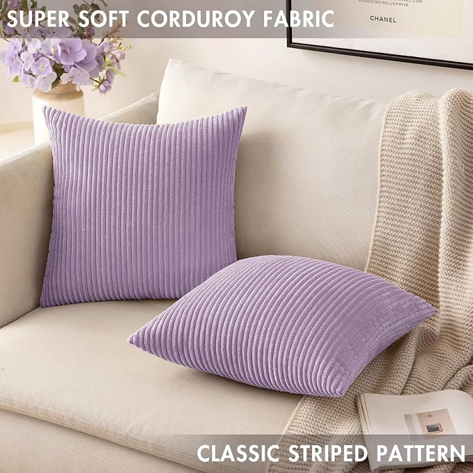 MIULEE Decorative Corduroy Throw Pillow Covers Set of 2 18x18 Lavender | Soft Striped Textured Cushion Cases, Boho Energetic Vibe Pillowcases for Home Decor, for Couch Chair Sofa Bed Living Room