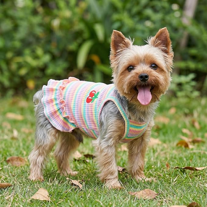 Jmkcoz Cute Striped Dog T Shirts Puppy Dress Pet Sleeveless Vest Clothes | Pink, Small, Soft, Lightweight, Breathable, Washable, Worn in All Seasons, Cherry Dog Shirts for Small Dogs Cats Chihuahuas
